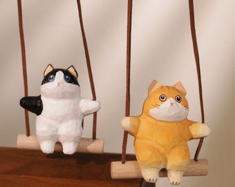 Handmade Wooden Carving Cat Swing Ornaments, Cute Hanging Kitty Decor, Handcrafted Wood Art for Home & Car Accents