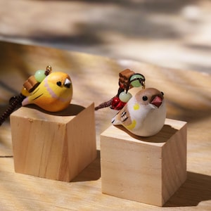 May include: Two small bird-shaped charms, one yellow and one brown and white, each featuring a dark beak and eyes. The charms are attached to dark brown cords with small decorative beads in red, green, and brown, resting on two light wood cubes.