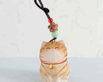 Handmade Wooden Carving Cat Keychains, Wooden Cat Ornaments, Creative And Cute Car Charm, Car Hanger, Hand Craft Wood Art, Orange Cat