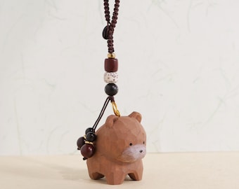 Handmade Wooden Carved Bear Keychain: Cute Wood Bear Ornament, Artisan Crafted Charm, Wooden Handicraft