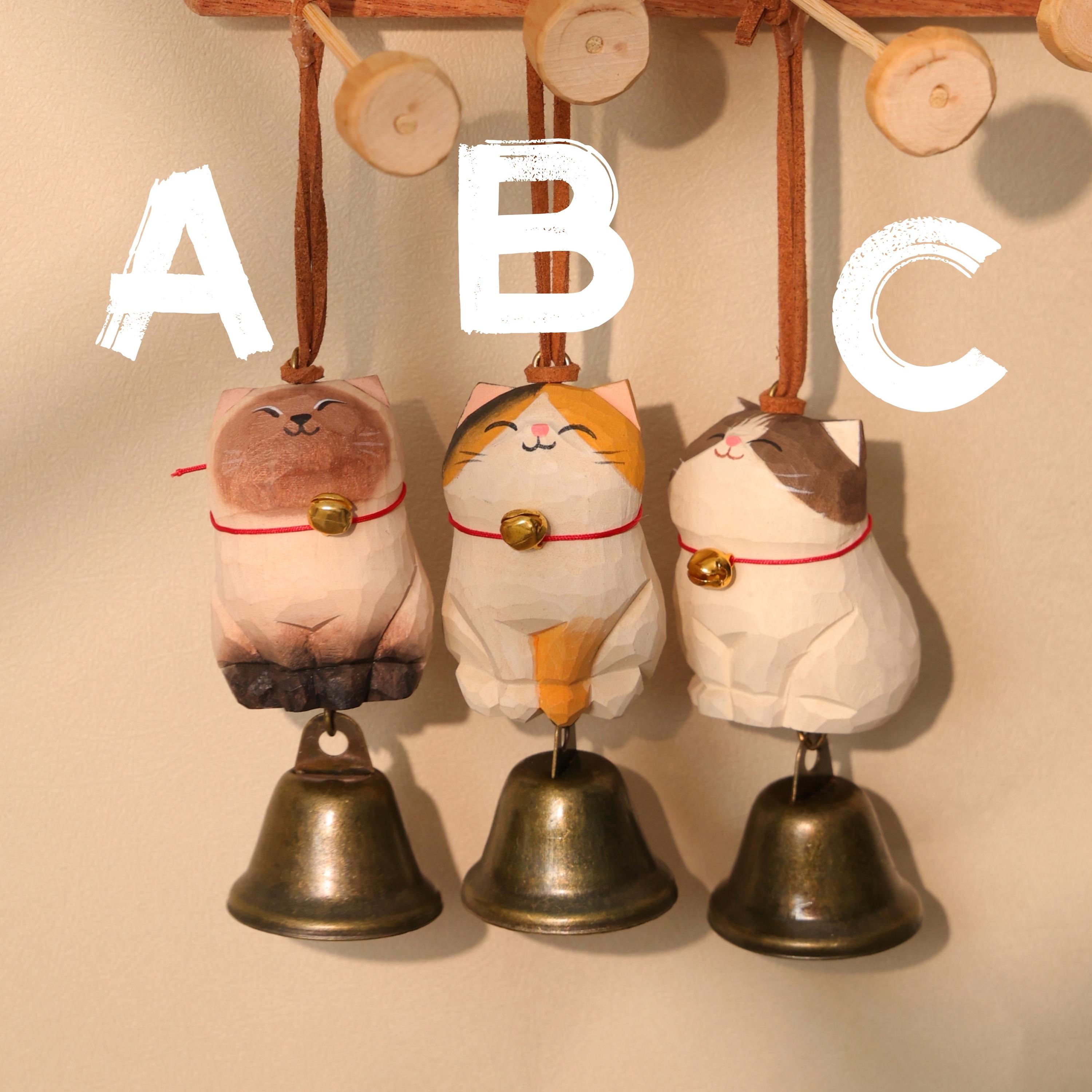 Handmade Wooden Carved Cat Bell Ornament – Cute Lucky Cat Ornaments ...