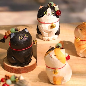 Handmade Wooden Carving Cat Keychains, Wooden Cat Ornaments, Creative And Cute Car Charm, Hand Craft wood art, Smiling Cats image 2
