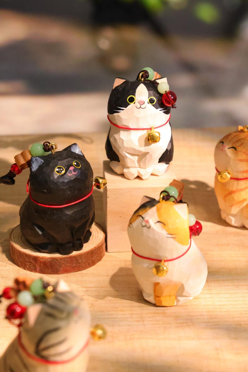 Handmade Wooden Carving Cat Keychains, Wooden Cat Ornaments, Creative And Cute Car Charm, Hand Craft wood art, Smiling Cats image 2
