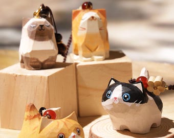 Handmade Wooden Carving Cat Keychains, Wooden Cat Ornaments, Creative And Cute Car Charm, Hand Craft wood art, Wooden Cats