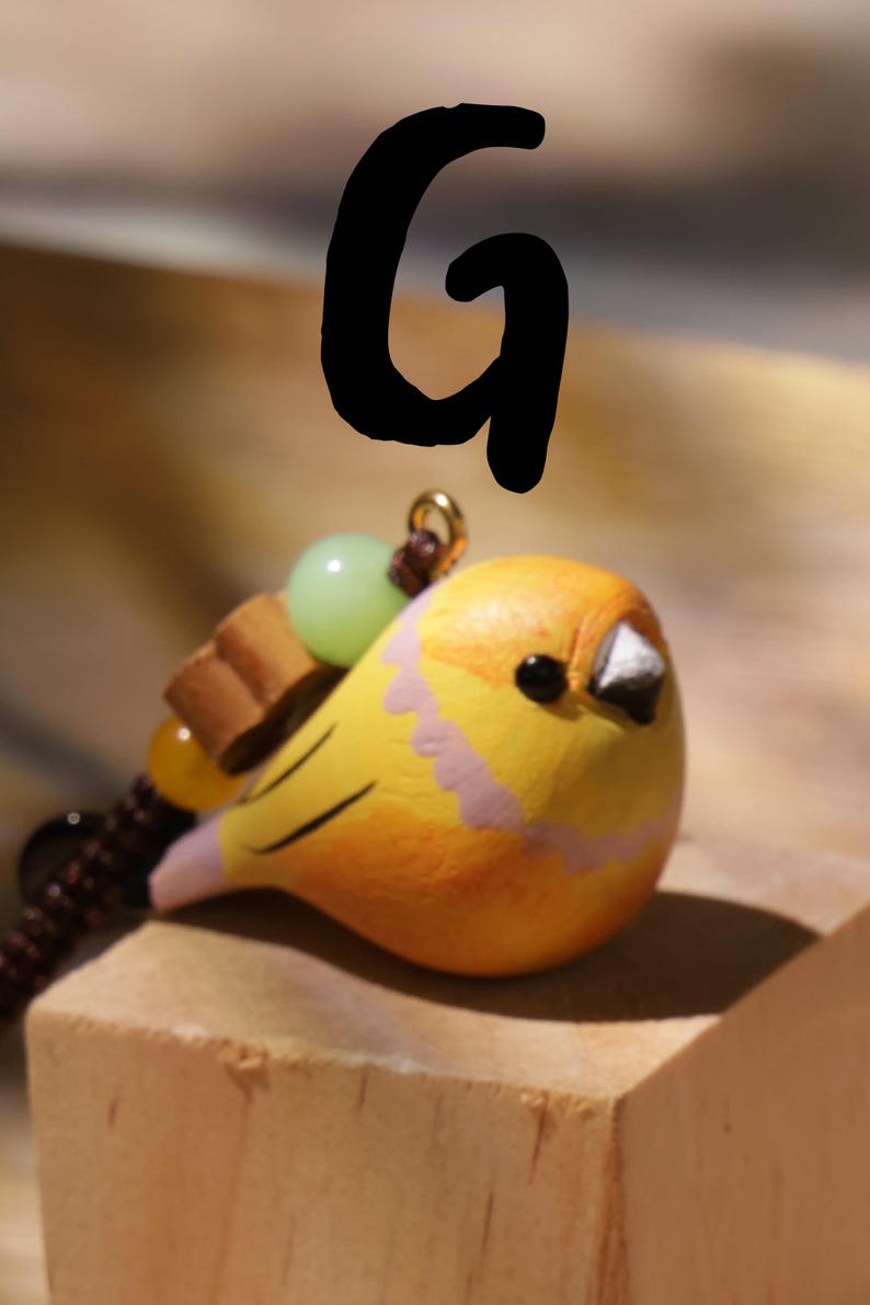 May include: A yellow bird figurine charm with a black eye and white beak, featuring a pink scalloped pattern on its chest. The charm is attached to a brown cord with a light green bead, a small brown wooden piece, and a yellow bead, marked with a black letter G.
