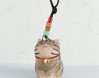 Handmade Wooden Carving Cat Keychains, Wooden Cat Ornaments, Creative And Cute Car Charm, Hand Craft wood art, Tabby Cat