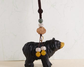 Handmade Wooden Carving Bear Keychains, Wooden Bear Ornaments, Creative And Cute Car Charm, Hand Craft Wood Art, Black Bear