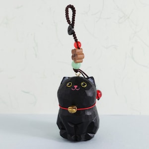 Handmade Wooden Carving Cat Keychains, Wooden Cat Ornaments, Creative And Cute Car Charm, Hand Craft wood art, Black Cat