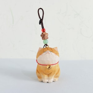 Handmade Wooden Carving Cat Keychains, Wooden Cat Ornaments, Creative And Cute Car Charm, Hand Craft wood art, Orange Cat