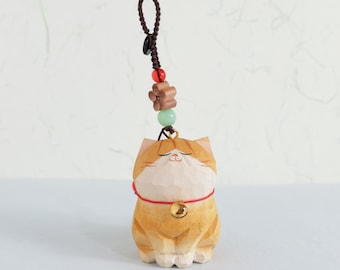 Handmade Wooden Carving Cat Keychains, Wooden Cat Ornaments, Creative And Cute Car Charm, Hand Craft wood art, Orange Cat