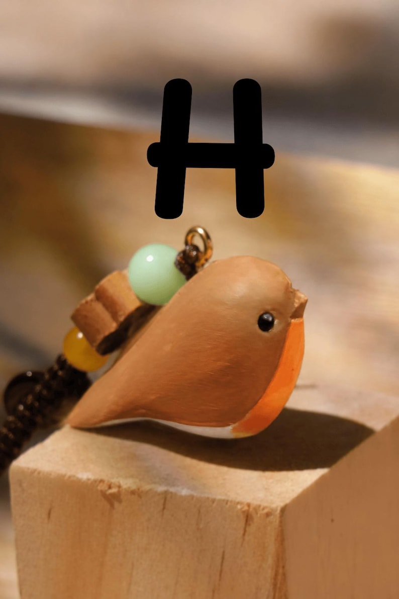 May include: A brown and orange bird figurine pendant featuring a small black eye, a white underbelly, and a dark brown cord attachment adorned with a light green bead, a yellow bead, and a small brown wooden accent piece, marked with a black letter H.