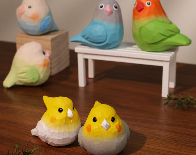 Handmade Wooden Carving Bird Figurines, Colorful Bird Ornaments, Creative Home Decor, Handcrafted Wood Art, Parrot & Cockatiel