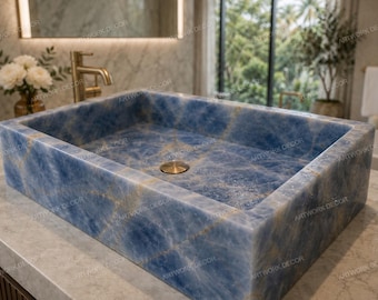 Rectangular Blue Onyx Vessel Sink | Semi Precious Gemstone Wash Basin | Luxury Blue Quartz Bathroom Sink | Countertop Vanity Bowl