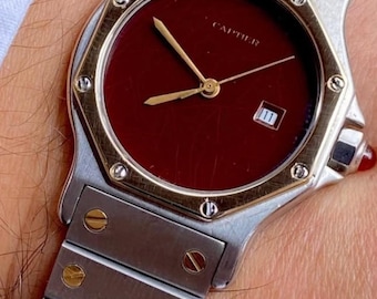 Vintage Cartier Santos Oktagon 2966 | Seltenes Burgundy Spider Zifferblatt | 18K Gold & Stahl