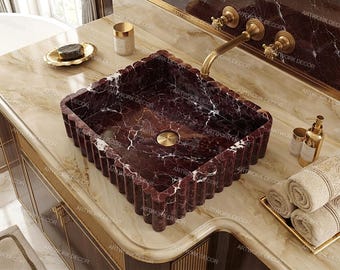 Rosso Levanto Marble Vessel Sink, Fluted Square Bathroom Basin, Luxury Red Stone Countertop Washbasin, Modern Powder Room Vanity Art Sink