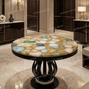 Luxury Round Agate Table Top - Multi Color Gemstone Coffee Table - Natural Stone Inlay Dining Table Top - Handcrafted Geode Home Decor