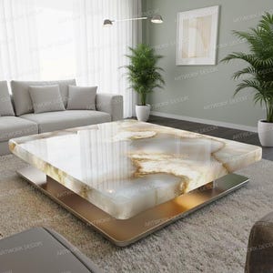 May include: A contemporary square coffee table with a white and gold marble top. The table has a gold-coloured base and a silver-coloured support. The table is in a living room setting with a grey sofa and plants.