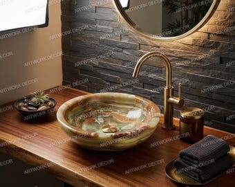 Green Onyx Vessel Sink, Luxury Natural Stone Bathroom Basin, Translucent Round Countertop Washbasin, Modern Powder Room Vanity Decor Art