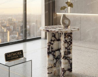 Calacatta Viola Marble Side Table,  Round Natural Stone Accent Table,  Luxury Cross Base Coffee Table, Modern Handcrafted Nightstand