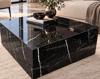 Handmade Black Marble Plinth Coffee Table - Modern Square Stone Cube Table - Luxury Natural Black Stone Block Center Table for Living Room