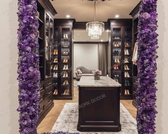 Natural Amethyst Cluster Rectangle Mirror | Elegant Statement Wall Decor for Walk-In Closet, Living Room | Handcrafted Crystal Mirror