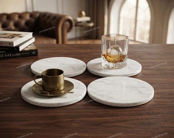 Set of 4 White Marble Coasters • Round Stone Drink Coasters with Gold Cup Accents • Minimalist Barware Set & Luxury Housewarming Gift