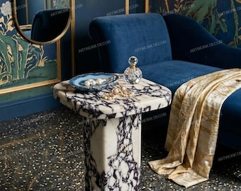 Calacatta Viola Marble Side Table, Accent Pedestal Table for Living Room, Luxury Stone End Table, Modern Square Coffee Table