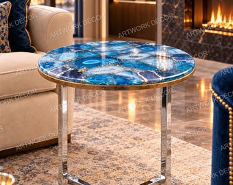 Handmade Round Blue Agate Side Table with Metal Stand, Luxury Semi Precious Stone Accent Table, Modern Gemstone Coffee Table for Living Room