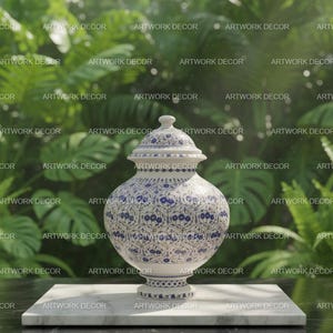 Puede incluir: Un jarrón de cerámica blanco y azul con tapa, con un diseño floral. El jarrón se exhibe sobre una superficie de mármol contra un fondo de follaje verde. Las palabras "ARTWORK DECOR" están impresas en la imagen.