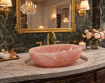 Luxury Rose Quartz Sink: Handcrafted   Pink Stone Bathroom Basin | Natural Gemstone Wash Basin | Modern Spa Vanity Decor