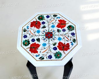 Weißer Marmor Inlay Tischplatte, Blumenedelstein eingelegt, Pietra Dura Art, Stein Beistelltisch, Kaffeetischplatte, Wohndekor Art