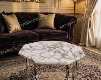 Handmade Calacatta Viola Marble Coffee Table with Stand - Octagon White Marble Side Table- Luxury Natural Stone Center Table for Living Room