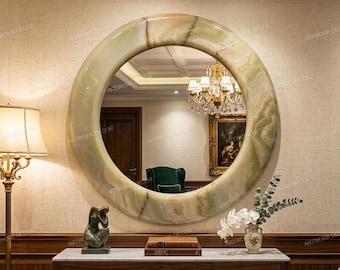 Large Round Green Onyx Wall Mirror • Luxury Natural Stone Circle Mirror • Elegant Jade Agate Statement Mirror for Living Room, Entryway