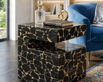 Handmade Black Gold Marble Side Table • C Shaped Stone Accent Table • Luxury Geometric End Table Nightstand • Premium Plinth Pedestal
