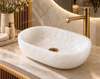White Quartz Vessel Sink | Semi Precious Gemstone  Basin | Luxury Crystal Countertop Washbowl | Raw Quartz Stone Vanity Sink for Powder Room