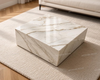 Handmade White Marble Plinth Coffee Table - Modern Square Stone Cube Table - Luxury Natural White Stone Block Center Table for Living Room