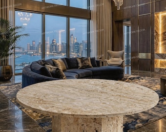 Handmade Round Travertine Dining Table - Modern Natural Stone Kitchen Table - Luxury Beige Travertine Pedestal Dining Table for Dining Room
