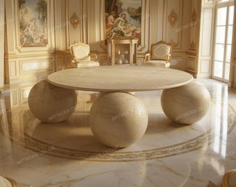 Handmade Travertine Dining Table • Round Stone Table • Spherical Base Pedestal Plinth • Luxury Cream Dining Room Furniture