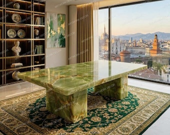 Handmade Green Onyx Dining Table • Rectangle Stone Table • Luxury Translucent Pedestal Plinth • Premium Jade Marble Furniture