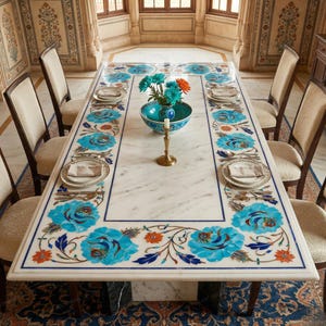Tablero de mesa con incrustaciones de mármol blanco / Piedra preciosa multicolor Pietra Dura Art / Mesa central rectangular grande de mármol / Mesa de comedor /