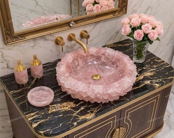 Handmade Round Rose Quartz Style Vessel Sink - Raw Edge Pink Stone Countertop Wash Basin - Luxury Crystal Bathroom Vanity Bowl