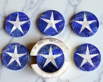 Blue lapis lazuli and bright Mop Marble Inlay Coasters with Holder, Luxury Gemstone Drink Coaster Set, Pietra Dura Coaster Set