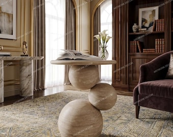 Handmade Travertine Side Table, Luxury Natural Stone Pedestal Plinth, Round Stacked Ball Accent Table, Premium Beige Cream End Table