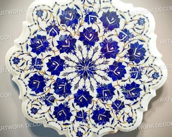 White Marble Inlay Coffee Table Top, Lapis Lazuli Floral Gemstone Inlaid, Pietra dura Art, Stone Side Table, Home Decor Art