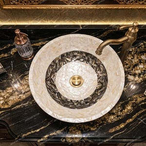 Handmade Round Mother of Pearl Vessel Sink - Contrast Mosaic Shell Inlay Wash Basin - Luxury Multi Tone Countertop Vanity Bowl