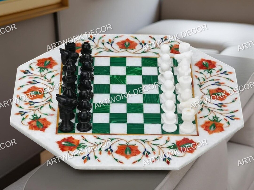 Marble Inlay Chess Board Set, Red Mosaic Table,handmade Chess Board ...