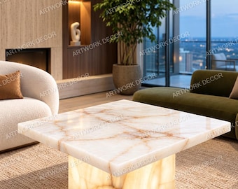 Handmade White Onyx Coffee Table - Modern Square Stone Pedestal Table - Luxury Natural Onyx Stone Block Center Table for Living Room