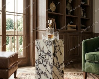 Calacatta Viola Marble Plinth Side Table, Tall Square Column End Table, Luxury Stone Pedestal Block,  Modern Handcrafted Nightstand