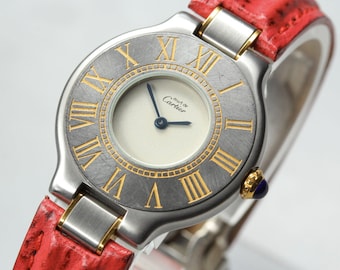 Vintage [Exc+4] Cartier Must de Cartier 21 27mm Silver Red Women's Quartz #z-1768