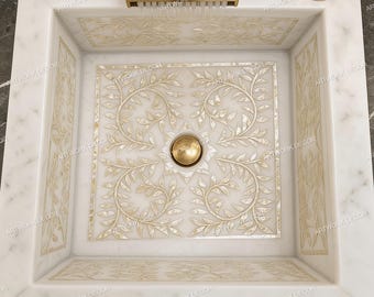 Square White Marble Vessel Sink | Mother of Pearl Inlay Wash Basin | Hand Carved Floral Stone Bathroom Sink | Luxury Countertop Vanity Bowl